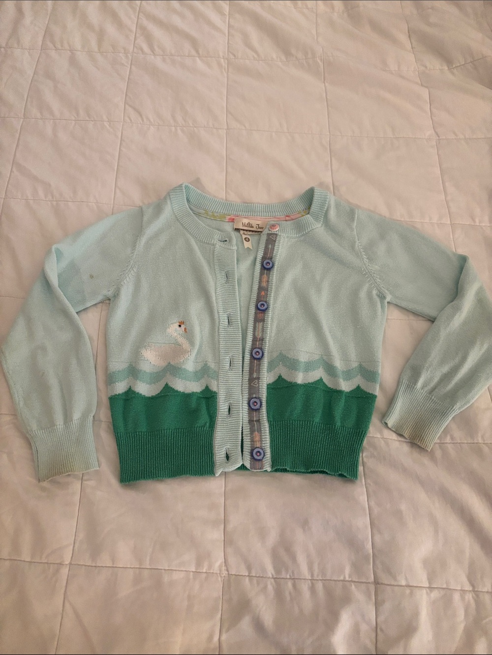 Matilda Jane Sz 4 girls Light Aqua Swan Cardigan Sweater